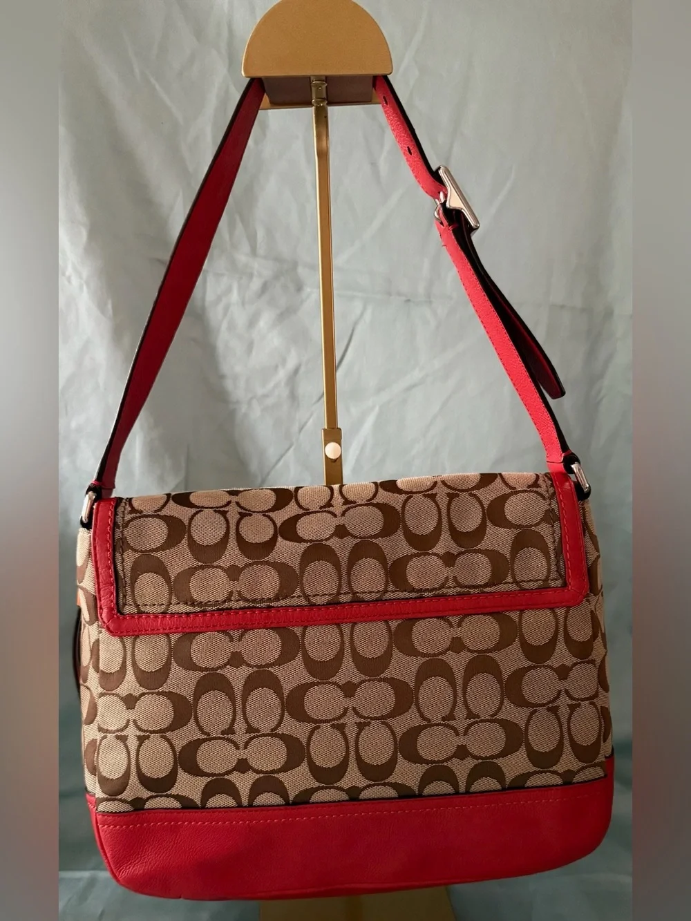 Coach PARK SIGNATURE FLAP BAG F23933 Khaki/Vermilion